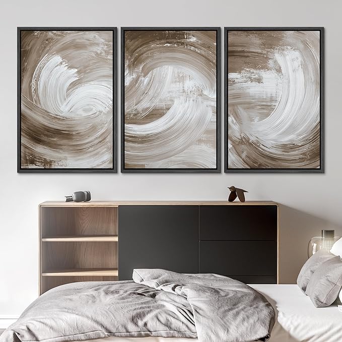 SIGNLEADER Framed Canvas Print Wall Art Set Warm Brown and White Swirl Abstract Illustrations Minimal Decorative Bohemian Nordic for Living Room, Bedroom, Office - 16"x24"x3 BLACK
