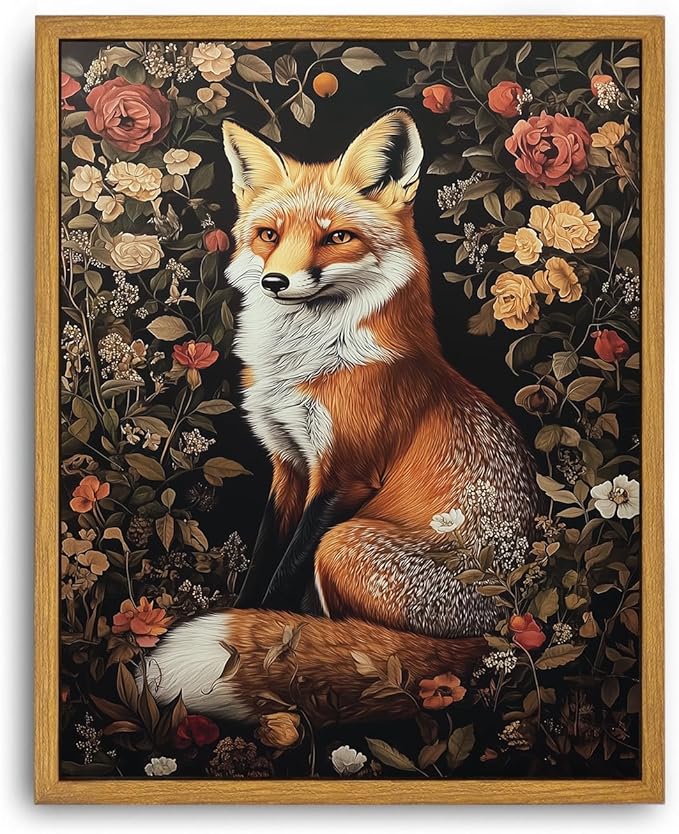 Framed Vintage Wall Art, Vintage Dark Academia Fox Paintings Wall Decor, Woodland Animal Canvas Wall Art Prints Wildlife Botanical Floral Pictures Boho Artwork for Bedroom Living Room 16x24in