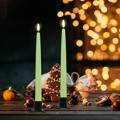 CVHOMEDECO. Flameless Taper Candles with 10-Key Remote, Battery Operated Led Flickering 3D Wick Window Candles Real Wax Finished Home Christmas Party Decor 0.78 x 11 Inch, Pack of 2, Light Green