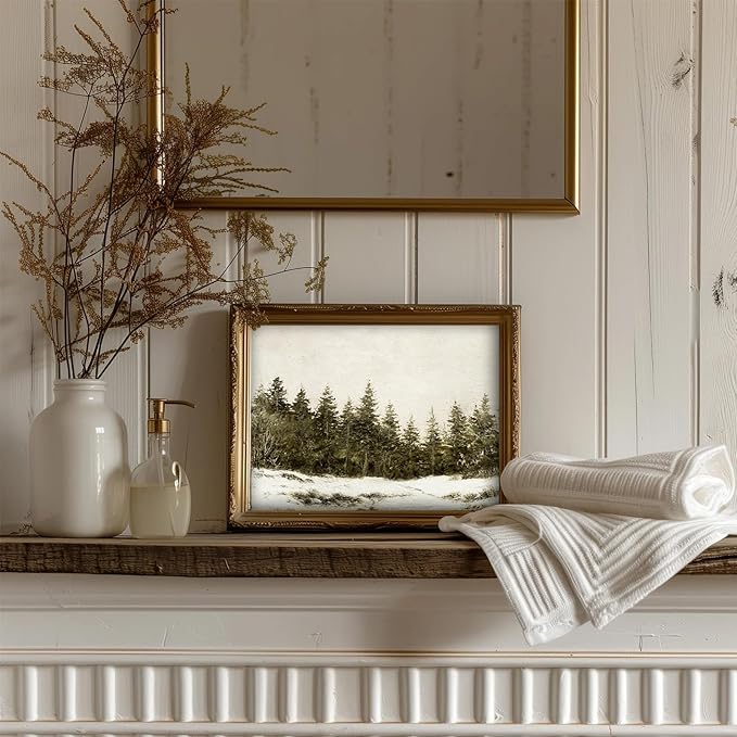 uniro Vintage Christmas Tree Wall Art Prints, Rustic Pine Tree Artwork, Neutral Winter Landscape, Unframed (8" x 10") for Bedroom, Living Room, Office
