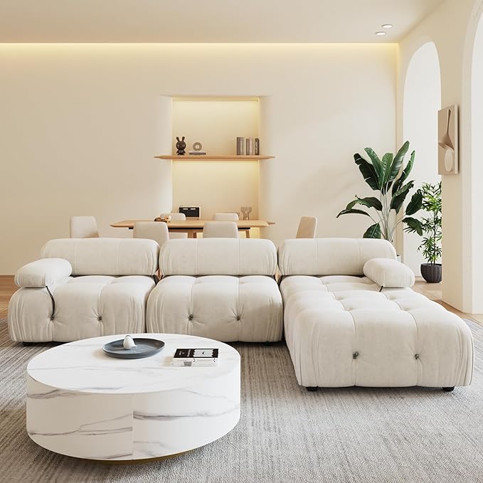104'' Modular Sectional Couch, L-Shaped Velvet Bubble Couch with Reversible Chaise Ottoman, Modern Cloud Sectional Couches for Living Room, Apartment (3 Seats, 1 Ottoman, Beige)