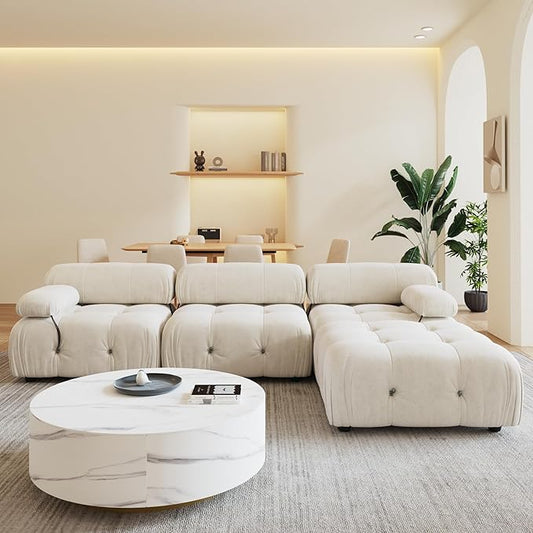 104'' Modular Sectional Couch, L-Shaped Velvet Bubble Couch with Reversible Chaise Ottoman, Modern Cloud Sectional Couches for Living Room, Apartment (3 Seats, 1 Ottoman, Beige)