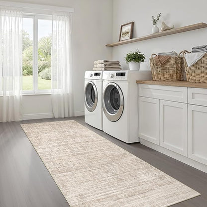 Runner Rug Non-Slip Kitchen Rug: 3x8 Washable Abstract Modern Soft Stain Resistant Indoor Floor Neutral Accent Throw Carpet for Hallway Bathroom Laundry Room Bedroom Entryway- Beige