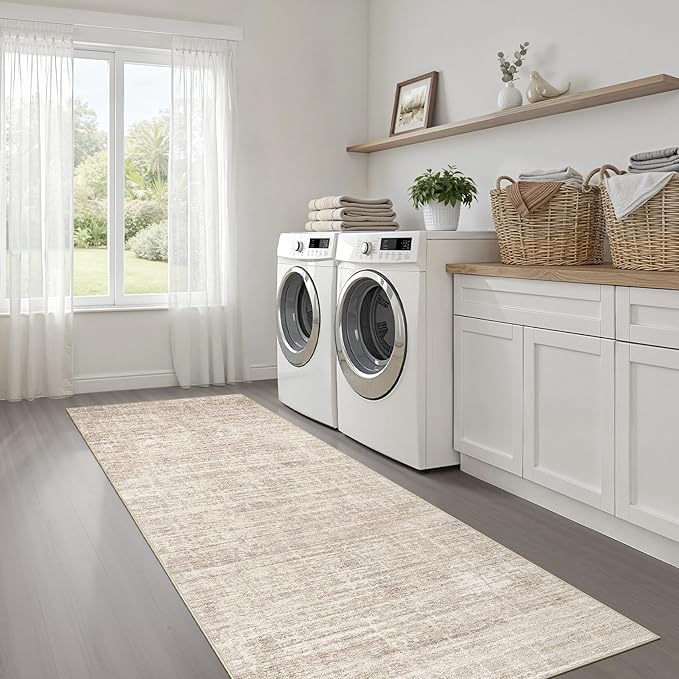 Runner Rug Non-Slip Kitchen Rug: 2x6 Washable Abstract Modern Soft Stain Resistant Indoor Floor Neutral Accent Throw Carpet for Hallway Bathroom Laundry Room Bedroom Entryway- Beige