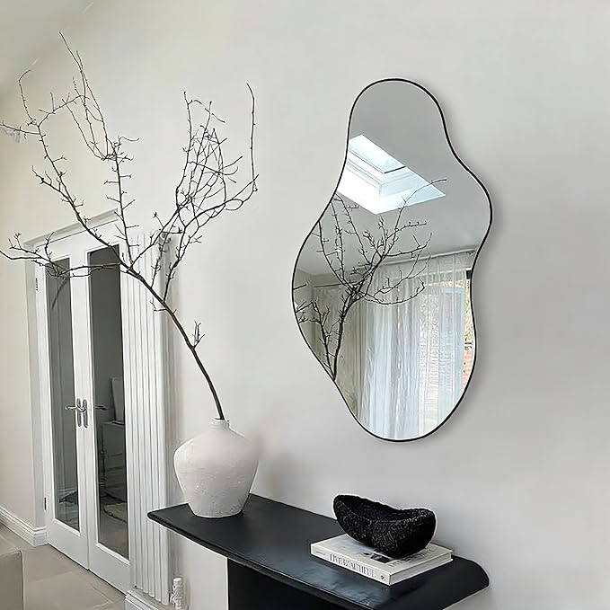Irregular Asymmetrical Wall Mirror 20x35 Inches - Decorative Tempered Glass with Modern Aluminum Alloy Frame, Black Abstract Cloud Mirror for Bathroom, Bedroom, Living Room, Entryway, Cloakroom