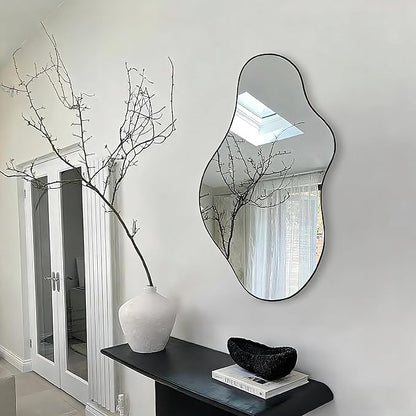 Irregular Asymmetrical Wall Mirror 20x35 Inches - Decorative Tempered Glass with Modern Aluminum Alloy Frame, Black Abstract Cloud Mirror for Bathroom, Bedroom, Living Room, Entryway, Cloakroom