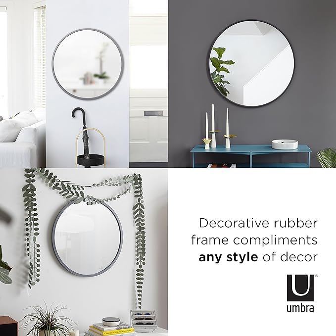 Umbra Hub Round Wall Mirror with Rubber Frame, Modern Style for Bathroom, Entryway, Living Room and More, 18-Inch, Black