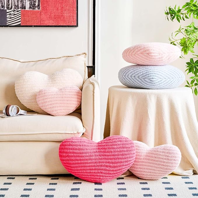 XVTRU Pink Heart Pillows, 19.6" Cute Heart Decorative Pillow, Stripe Heart Shaped Plush Throw Pillows for Bed