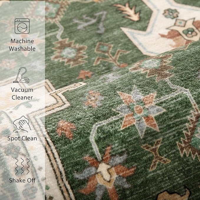 Tangsoo Vintage 3x5 Rug for Bedroom,Non-Slip Washable Indoor Area Rug,Boho Green Beige Low Pile Carpet for Front Porch Living Room Patio Entryway