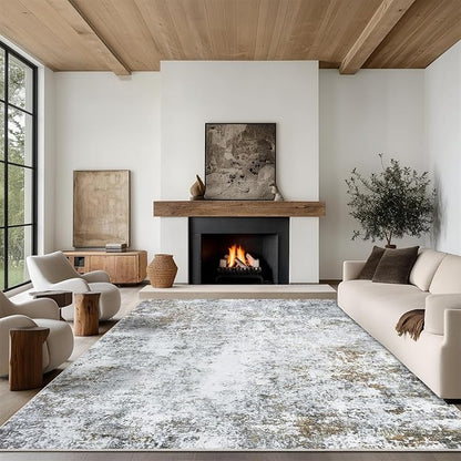 8x10 Area Rug Living Room Rugs - Washable Rug Large Modern Abstract Soft Thin Carpets Indoor Floor No Slip Vintage Carpet for Bedroom Under Dining Table Nursery Home Office Decor Gray Brown