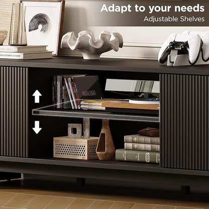 Vabches 70" Mid Century TV Stand for TVs up to 80 Inch,Fluted Entertainment Center with Storage and Adjustable Shelves,Modern Media Console Table for Living Room,Bedroom,Black