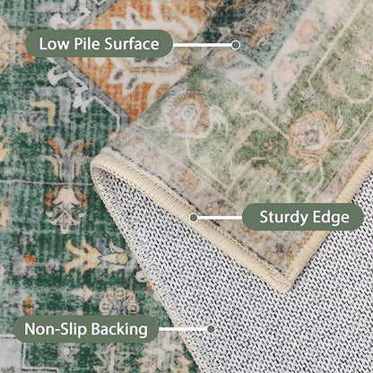 GENIMO 5x7 Area Rugs for Living Room, Machine Washable Non Slip Vintage Rugs, Low Pile Lightweight Chenille Print Rug for Bedroom, Dining Room, Home Office,Sage Green