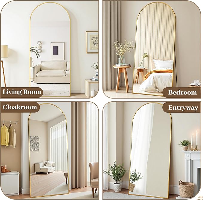 Suidia 58"x21" Arched Full Length Mirror with Stand, Full Body Mirror with Aluminum Frame, Freestanding/Leaning/Wall-Mounted, Floor Mirrors for Bedroom, Living Room, Entryway, Dressing Room, Gold