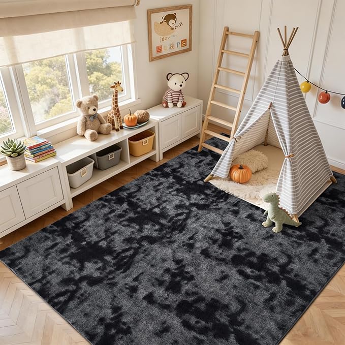 FinRèc 4x6 Washable Area Rugs for Bedroom Living Room, Low Pile Thin Ultra Soft Shag Rug, Non-Slip Carpet Indoor for Home Decor (Tie-dye Dark Grey)