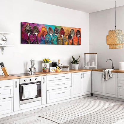 Colorful Spices Seasoning Spoon Canvas Wall Art Kitchen Wall Decor Large Abstract Seasoning Herb Picture for Dining Room Home Bar Decorations Watercolor Food Poster Contemporary Artwork 14x48”