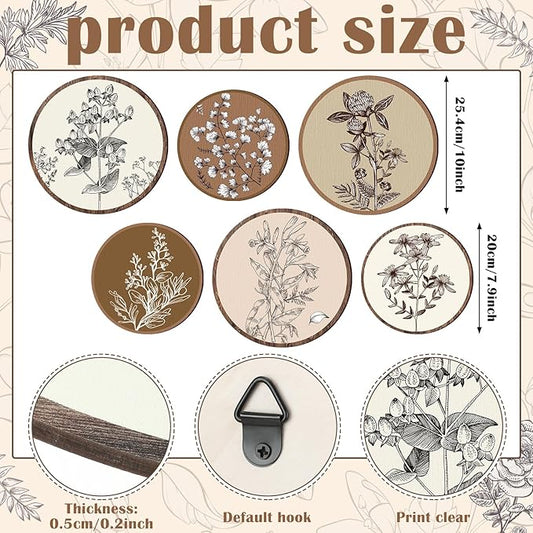 Barydat 6 Pieces Boho Plant Wall Art Decor Wooden Boho Farmhouse Rustic Bohemian Wall Hanging for Bedroom Living Room Office(Vivid Round,8 Inch, 10 Inch)