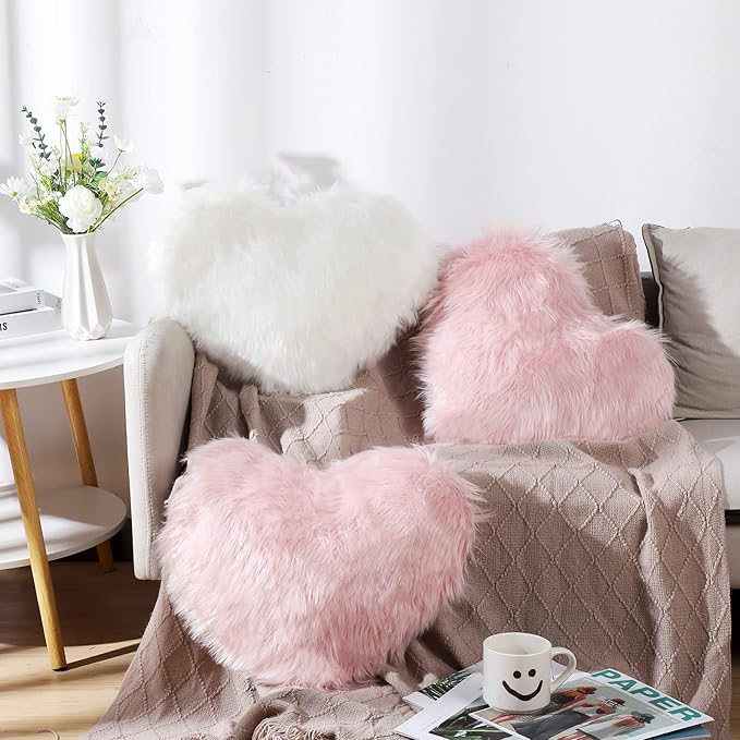 Enhon 2 Pcs Fluffy Heart Pillows Faux Fur Heart Shaped Plush Pillow Soft 20 x 15.7 Inch Love Throw Pillows with Insert for Decorative Office Home Bedroom Living Room Sofa(Pink)