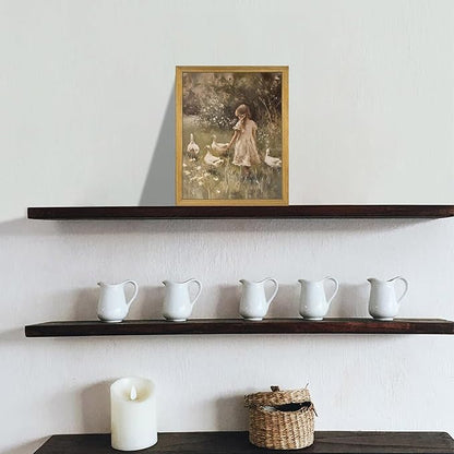 Wood Framed Canvas Wall Art, Vintage Girl with Ducks Painting Poster, Countryside Pastoral Landscape Print Picture, Rustic Farmhouse Wall Decor for Living Room Bedroom Nursery 8x10 inch