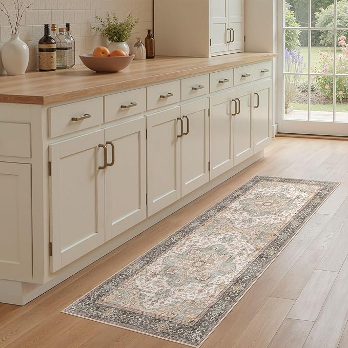 EIEIHOUSE Washable 2x6 Runner Rug - Area Rugs Neutral Vintage Distressed Floral Farmhouse Boho Large Soft Floor Rug Indoor Carpet for Hallway Entryway Bedroom Kitchen - Forest Green Orange