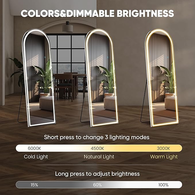 OLIXIS 20"×63" Arched LED Full Length Mirror with Lights, Standing Lighted Floor Full Body Mirror with 3 Color Lighting, Wall Mounted Mirrors for Bedroom, Bathroom, Entryway with Tempered Glass