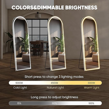 DUMOS Arched LED Full Length Floor Mirror, 63"×20" Full Body Standing Mirror with Lights, 3 Color Lighting, Hanging or Leaning, Wall Mounted, Modern Simple Home Wall Decor, White