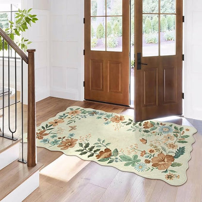 Lahome Floral Entryway Rug, 2x4 Washable Kitchen Rugs Non Slip Ultra-Thin, Front Door Mat Indoor Entrance Stain Resistant Boho Low-Pile Carpet for Entry Bathroom Bedroom Flore (2x4ft,Beige)