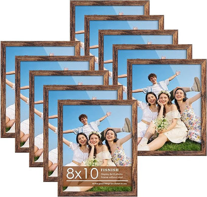 8x10 Picture Frame Set of 10, Brown Frames 8x10 for Tabletop Display, Horizontal or Vertical Wall Mounting