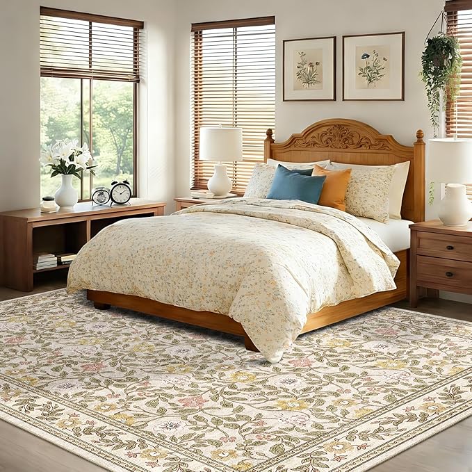 9x12 Floral Area Rug for Living Room Non Slip,Soft Low Pile Stain Resistant Washable Girls Bedroom Large Vintage Rugs,Beige/Multi