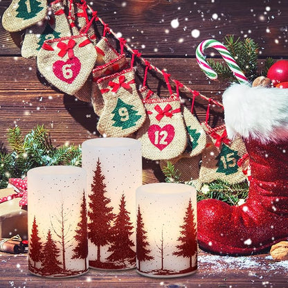 Christmas Tree Flameless Flickering Candles Battery Operated with 6H Timer, 3 Pack Real Wax Warm Light LED Pillar Candles Dinner Tabletop Holiday Centerpiece Decor 3" x 6"