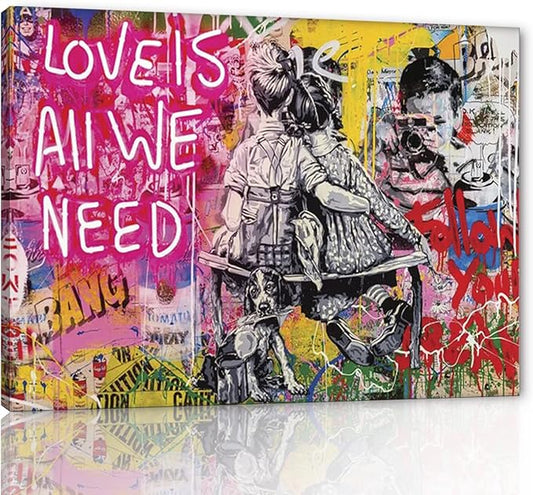 Graffiti Pop Wall Art Love Is All We Need Street Landscape of London City Canvas Paintings Art Pictures Stretched and Framed Ready to Hang Home Decor for Living Room Office Bar(24”W x 18”H)