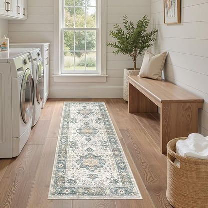 EIEIHOUSE Washable 2x6 Runner Rug - Area Rugs Neutral Vintage Distressed Floral Farmhouse Boho Large Soft Floor Rug Indoor Carpet for Hallway Entryway Bedroom Kitchen - Green/Grey