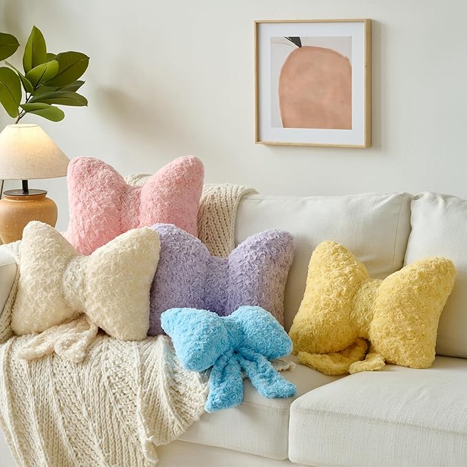 Bow Pillow, Decorative Bow Pillows with Soft Plush for Couch Bed, Bow Shaped Throw Pillow Room Decor for Bedroom, Bow Decorative Pillow for Living Room (Pink, Large-16 Inches)
