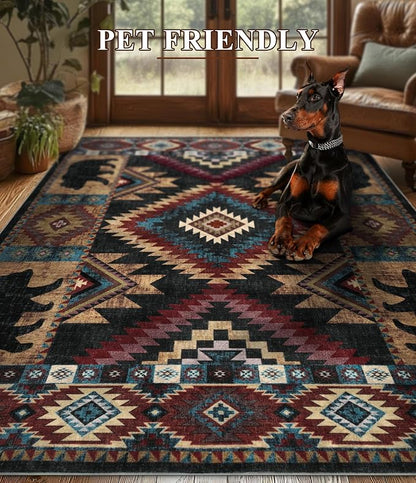 YIHOUSE Rustic Cabin Area Rug for Living Room 8x10,Machine Washable Lodge Bear Rug,Non-Slip Low Pile Print Pattern Western Rug for Bedroom