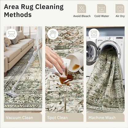 Soalmost 5x7 Area Rugs Low Pile Indoor Washable Trendy Faded Style Rugs for Bedroom Living Room Dining Room Foldable Non-Slip Thin Print Mat Green Olive Beige
