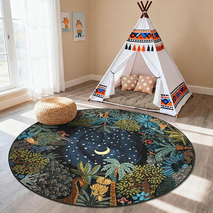 GarveeHome Round Area Rugs 4ft for Kids Room, Green Jungle Washable Circle Rug Soft Non Slip Forest Animal Print Floor Mat Tiger Carpet Indoor Thin Tent Rug for Bedroom Dining Room Playroom Nursery