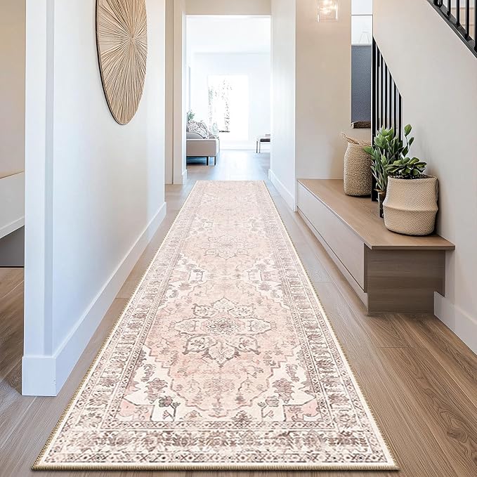 BESTSWEETIE 2x10 Area Rug Washable Rugs for Living Room, No Pile Boho Carpet for Entryway Bedroom Dinning Room, Vintage Carpet Print Distressed Non-Slip, 2 x 10 ft, Pink Beige Grey