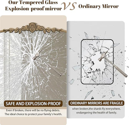 Besdomus Large Gold Wall Mirror: 48"x33" Baroque Vintage Fireplace Arched Mirror - Traditional Ornate Antique for Bedroom/Entryway/Bathroom/Vanity/Living Room - Ideal for Fashion-Conscious