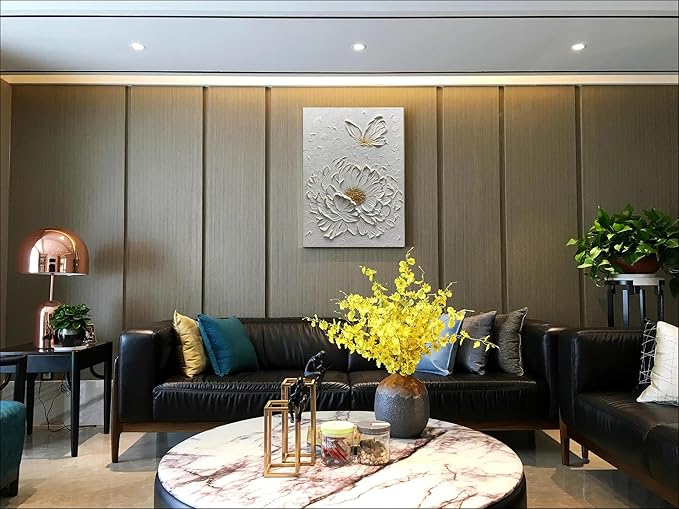 Boiee Art,24x36Inch Hand Painted Creamy Textured Wall Art Elegant Floral Wall Decor Art Minimalist Butterfly Artwork White and Gold Flower Oil Painting for Home Office
