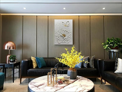 Boiee Art,24x36Inch Hand Painted Creamy Textured Wall Art Elegant Floral Wall Decor Art Minimalist Butterfly Artwork White and Gold Flower Oil Painting for Home Office