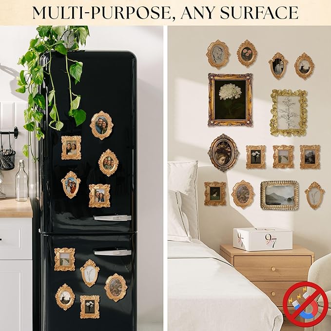 97 Decor Small Gold Picture Frames Set (No Standing & Backing) - 10 Mini Vintage Frames For Galley Wall, Assorted Gold Vintage Picture Frame Bulk, Antique Ornate Miniature Frame (Non-magnetic)
