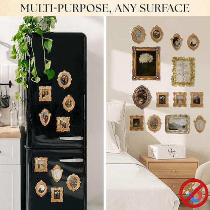 97 Decor Small Gold Picture Frames Set (No Standing & Backing) - 10 Mini Vintage Frames For Galley Wall, Assorted Gold Vintage Picture Frame Bulk, Antique Ornate Miniature Frame (Non-magnetic)