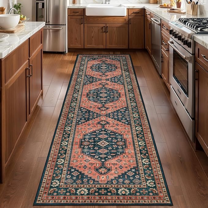 Tangsoo Oriental 2.6x8 Runner Rug for Hallways,Vintage Washable Kitchen Runner Rugs,Boho Non Slip Soft Low Pile Rug Print Distressed Floor Carpet for Bedroom Bathroom Laundry Room Red Blue