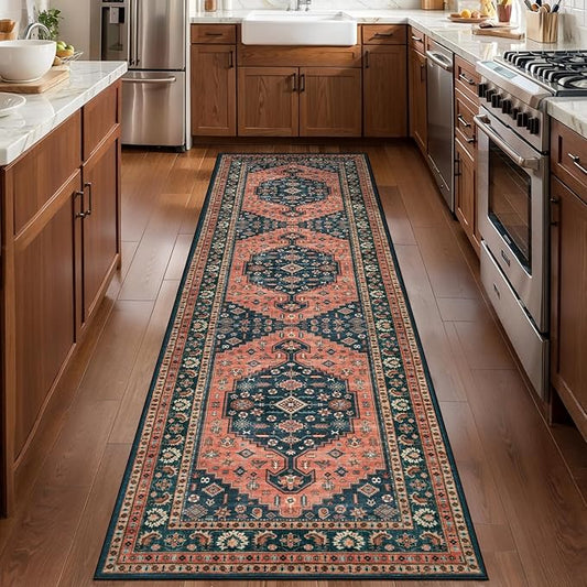 Tangsoo Oriental 2.6x8 Runner Rug for Hallways,Vintage Washable Kitchen Runner Rugs,Boho Non Slip Soft Low Pile Rug Print Distressed Floor Carpet for Bedroom Bathroom Laundry Room Red Blue