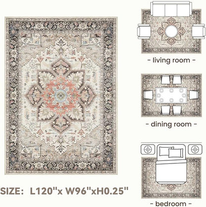 Area Rug for Living Room - 8x10 Soft Machine Washable Oriental Vintage Floral Distressed Large Indoor Floor Carpet for Bedroom Under Dining Table Home Office Decor - Multi Cream