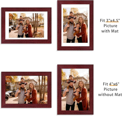 Picrit 4x6 Picture Frame Set of 12, Display 3.5x5 with Mat or 4x6 Without Mat, Photo Frames for Wall Mounting or Table Top Display, Dark Red Wood