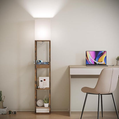 SUNMORY Floor Lamp with Shelves, Modern Dimmable Standing Lamp with Drawer & 2 USB Ports & 2 Power Outlet, Corner Tall Shelf Lamp for Living Room and Bedroom (Rustic Browm)