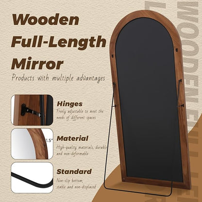 Antok Full Length Mirror with Solid Wood Frame, 81"×41" Wall Mounted Oversized Floor Mirror with Stand, Leaning Standing Hanging for Bedroom Living Room Entryway, Brown, Arched Syle