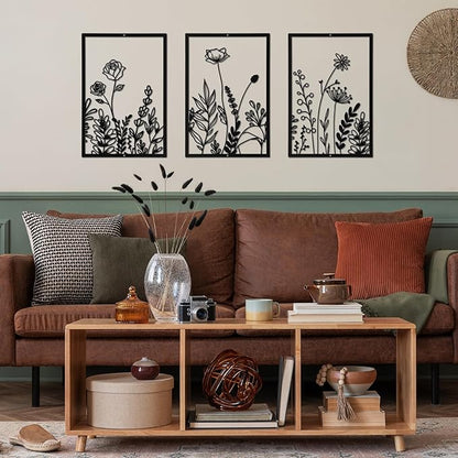 Sanwarm 3 Pieces Metal Flowers Wall Decor, Black Wall Art Decors Floral Herbs Line Sculpture Rose Daisy Eucalyptus Leaves Hanging Decoration for Home Kitchen Living Room Bedroom Garden Office