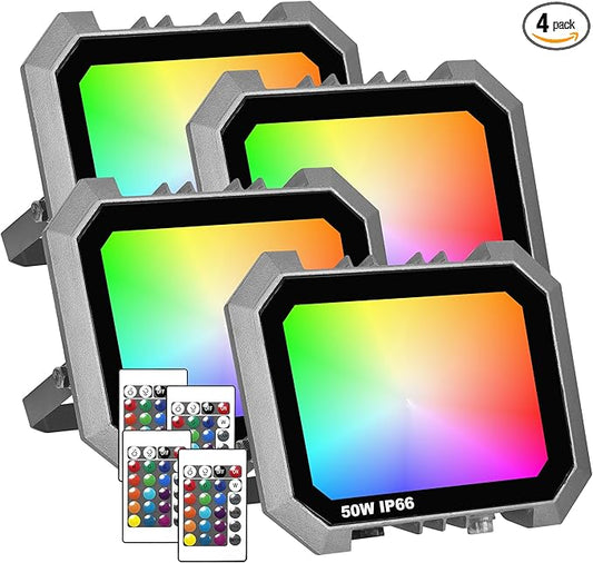 Leddictive 4 Pack RGB LED Flood Light 50W, 500W Equivalent 5000 LM Outdoor Landscape Flood Lights with 4 Remote, IP66 Waterproof Outdoor Light for Christmas Party Stage Uplight Wall Wash