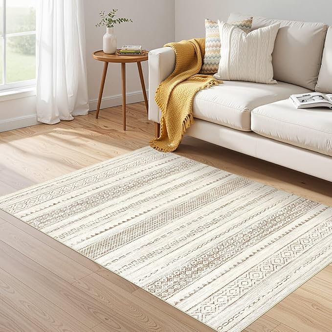 Nakagishi Area Rug Living Room Rugs: 3x5 Soft Machine Washable Boho Neutral Farmhouse Stain Resistant Moroccan Indoor Floor Carpet for Bedroom Nursery Kids Entryway Kitchen Entry Bedside Home- Brown